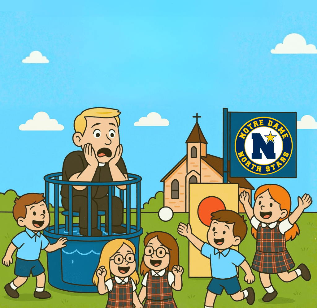 cartoon graphic of pastor in dunk tank on playground